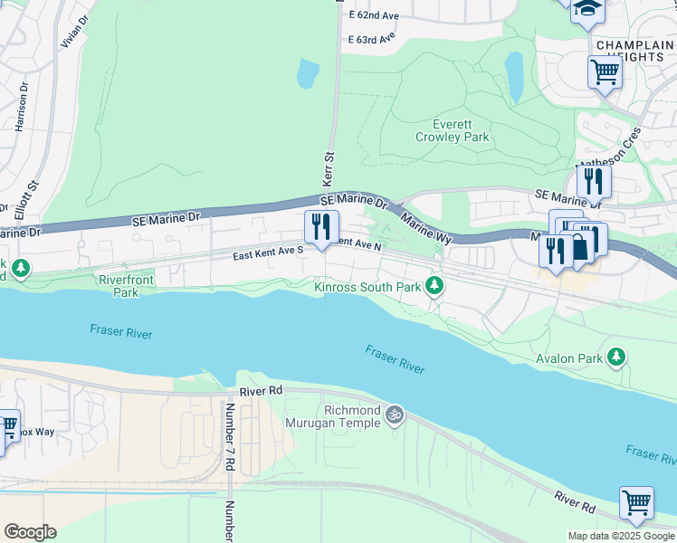 map of restaurants, bars, coffee shops, grocery stores, and more near 3138 Riverwalk Avenue in Vancouver