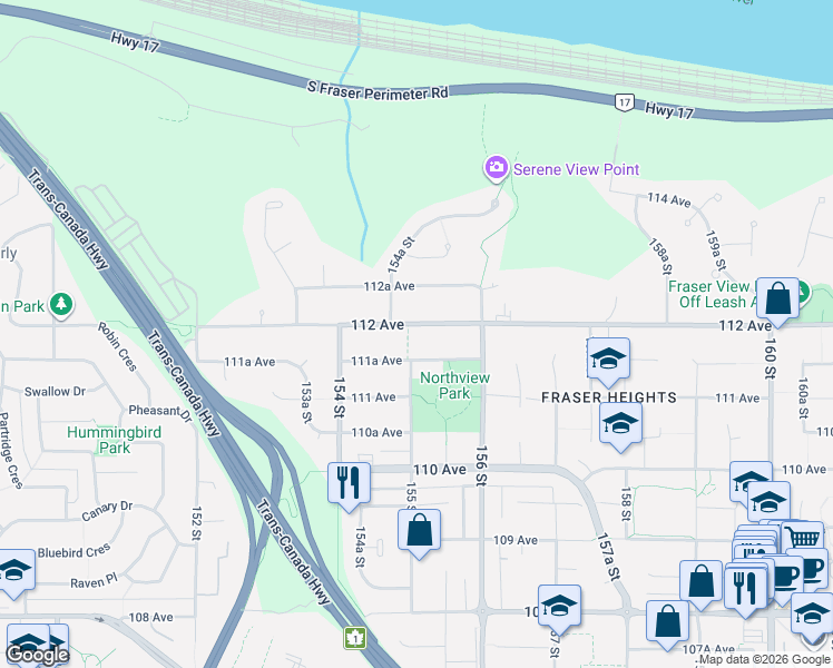 map of restaurants, bars, coffee shops, grocery stores, and more near 15512 112 Avenue in Surrey