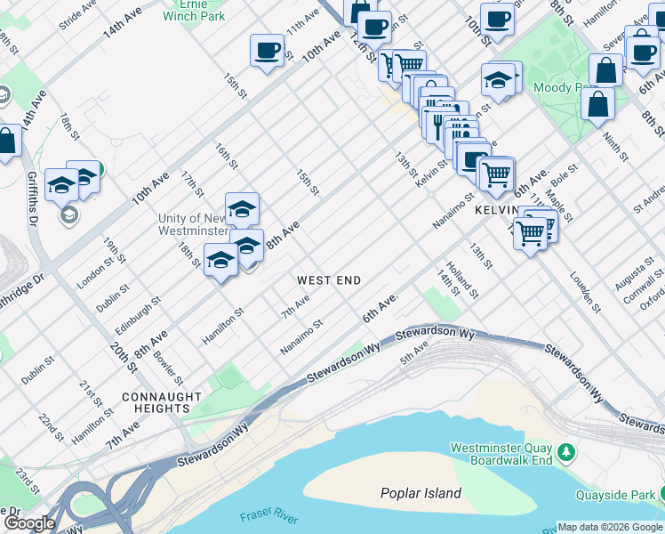map of restaurants, bars, coffee shops, grocery stores, and more near 1529 7th Avenue in New Westminster