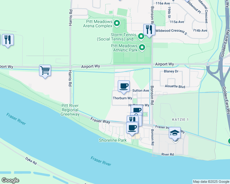 map of restaurants, bars, coffee shops, grocery stores, and more near 19426 Sutton Avenue in Pitt Meadows