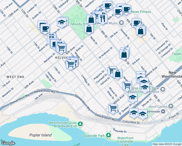 map of restaurants, bars, coffee shops, grocery stores, and more near 1033 4th Avenue in New Westminster