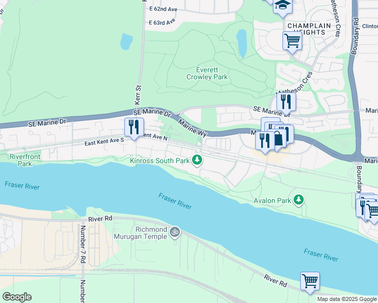 map of restaurants, bars, coffee shops, grocery stores, and more near 3289 Riverwalk Avenue in Vancouver