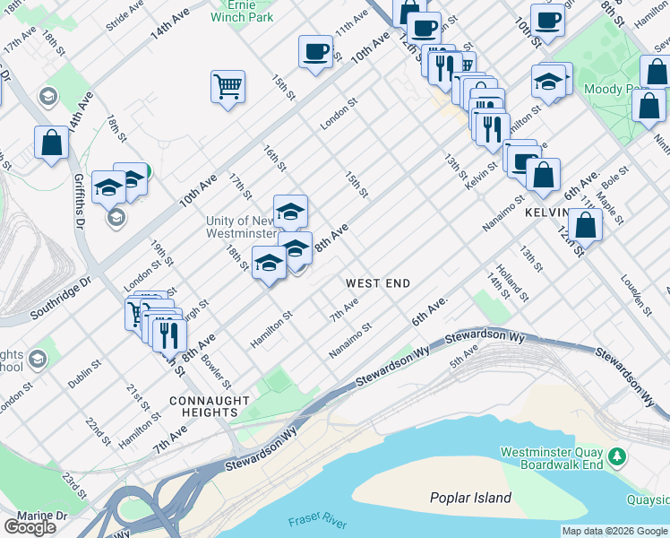 map of restaurants, bars, coffee shops, grocery stores, and more near 1615 Hamilton Street in New Westminster