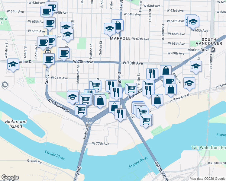 map of restaurants, bars, coffee shops, grocery stores, and more near 1065 West 72nd Avenue in Vancouver