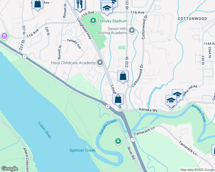map of restaurants, bars, coffee shops, grocery stores, and more near 23108 Lougheed Highway in Maple Ridge