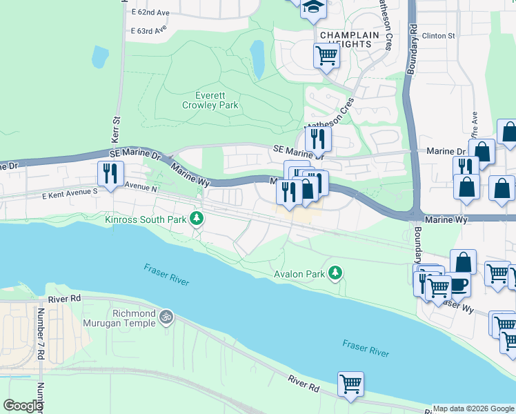 map of restaurants, bars, coffee shops, grocery stores, and more near 8508 Jack Uppal Street in Vancouver