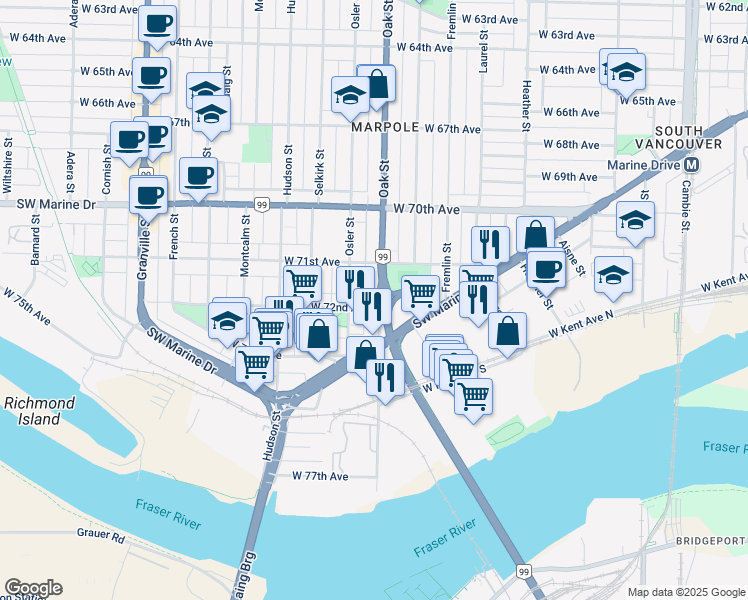 map of restaurants, bars, coffee shops, grocery stores, and more near 8787 Oak Street in Vancouver