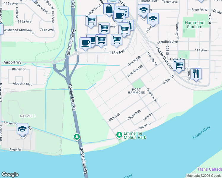 map of restaurants, bars, coffee shops, grocery stores, and more near 20166 Wanstead Street in Maple Ridge