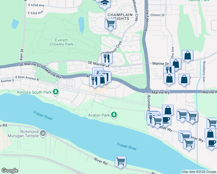 map of restaurants, bars, coffee shops, grocery stores, and more near 3538 East Sawmill Crescent in Vancouver