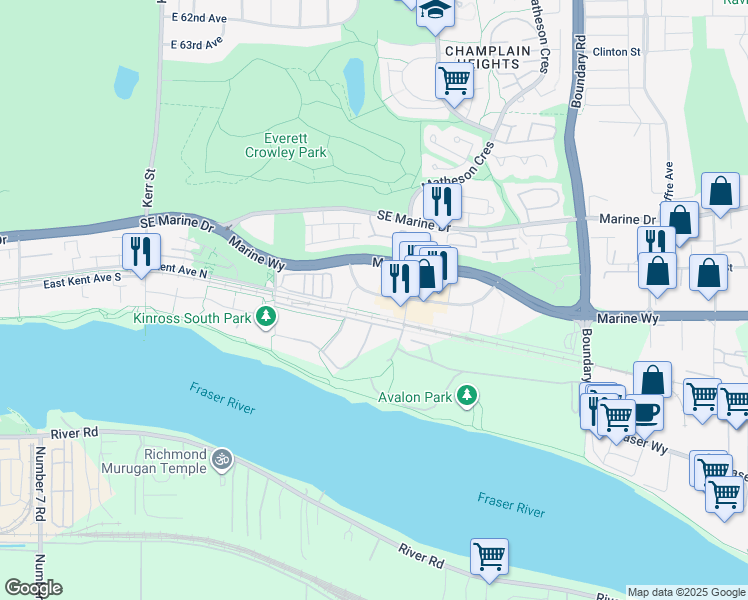 map of restaurants, bars, coffee shops, grocery stores, and more near 3436 West Sawmill Crescent in Vancouver