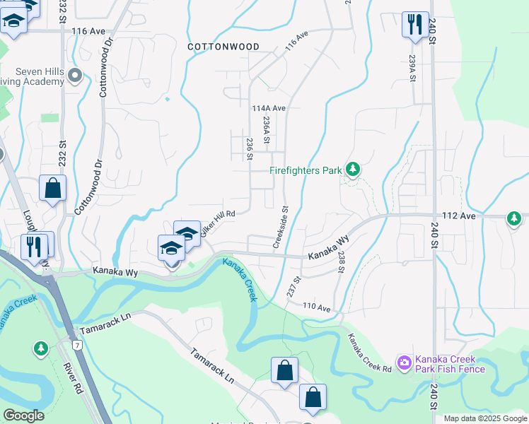 map of restaurants, bars, coffee shops, grocery stores, and more near 23650 112 Avenue in Maple Ridge