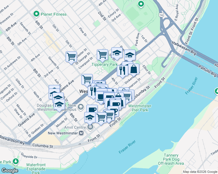 map of restaurants, bars, coffee shops, grocery stores, and more near in New Westminster