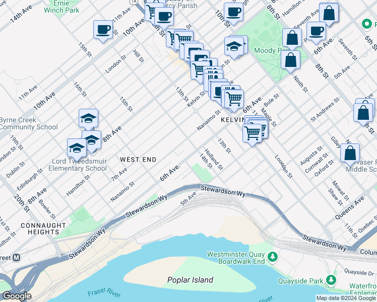 map of restaurants, bars, coffee shops, grocery stores, and more near 1407 6th Avenue in New Westminster