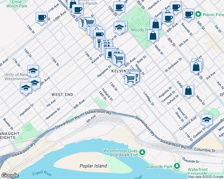 map of restaurants, bars, coffee shops, grocery stores, and more near 518 13th Street in New Westminster
