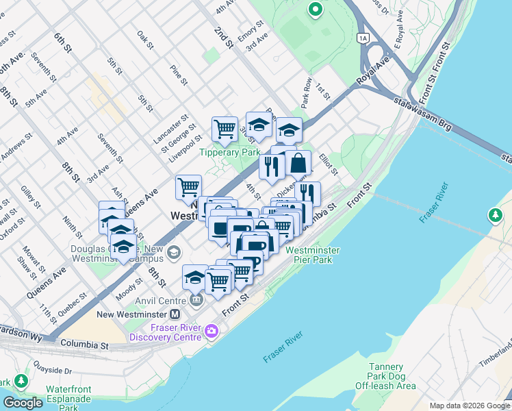 map of restaurants, bars, coffee shops, grocery stores, and more near 410 Agnes Street in New Westminster