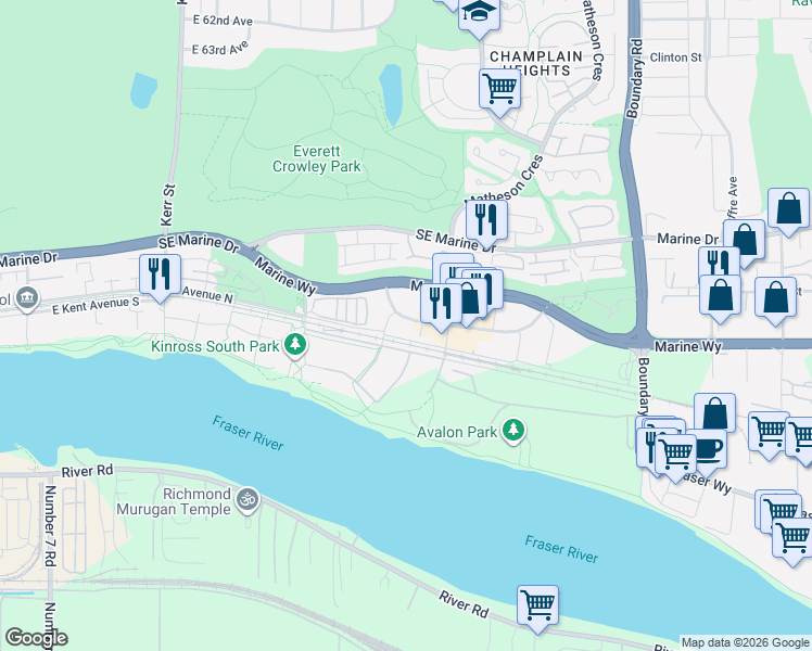 map of restaurants, bars, coffee shops, grocery stores, and more near 3438 Sawmill Crescent in Vancouver
