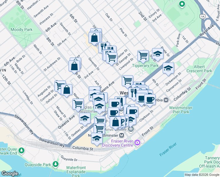 map of restaurants, bars, coffee shops, grocery stores, and more near 706 Queens Avenue in New Westminster