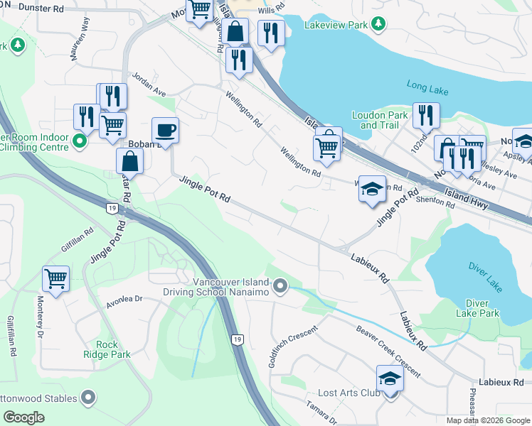 map of restaurants, bars, coffee shops, grocery stores, and more near 4215 Jingle Pot Road in Nanaimo