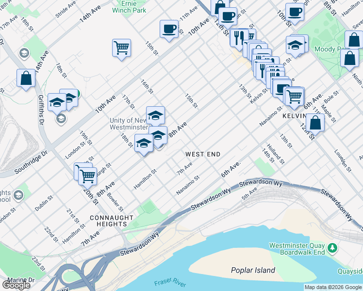 map of restaurants, bars, coffee shops, grocery stores, and more near 1613 Hamilton Street in New Westminster