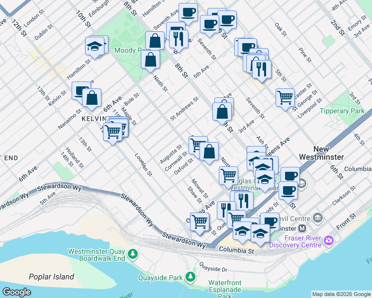 map of restaurants, bars, coffee shops, grocery stores, and more near 324 10th Street in New Westminster
