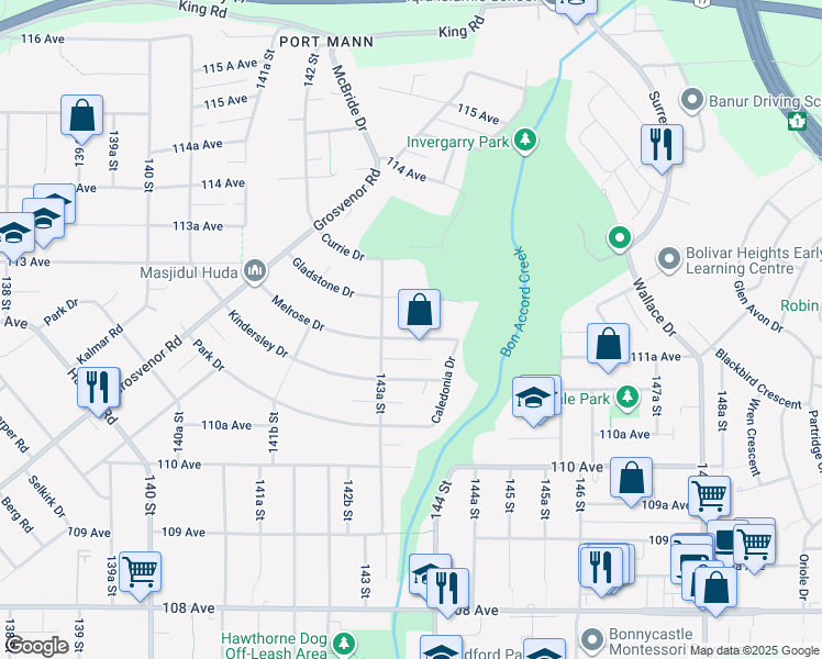 map of restaurants, bars, coffee shops, grocery stores, and more near 14361 Melrose Drive in Surrey