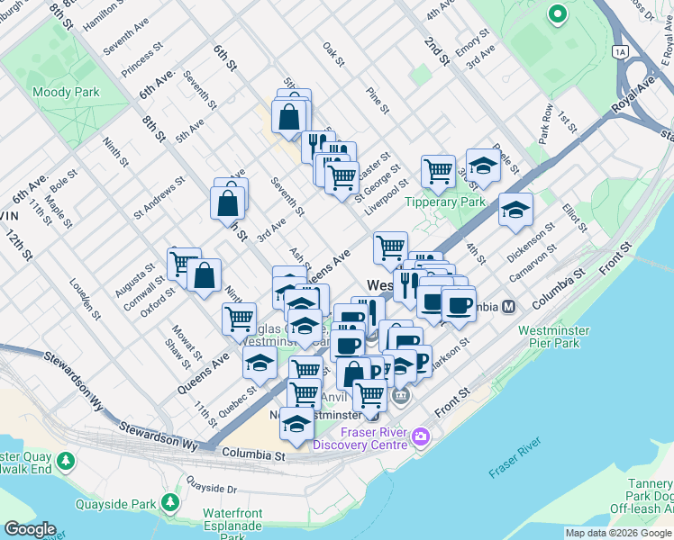 map of restaurants, bars, coffee shops, grocery stores, and more near 706 Queens Avenue in New Westminster