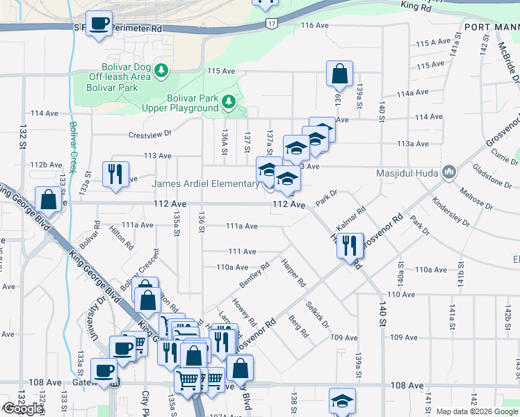 map of restaurants, bars, coffee shops, grocery stores, and more near 13728 112 Avenue in Surrey