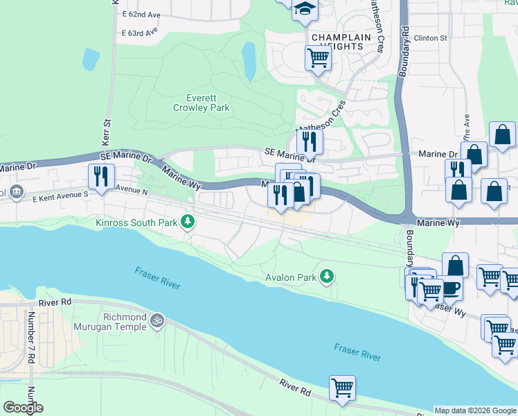 map of restaurants, bars, coffee shops, grocery stores, and more near 3438 Sawmill Crescent in Vancouver
