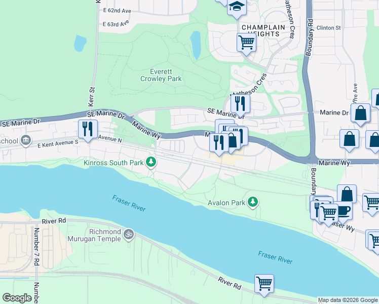 map of restaurants, bars, coffee shops, grocery stores, and more near 8559 Jack Uppal Street in Vancouver