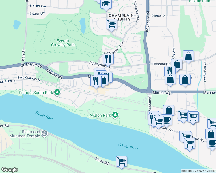 map of restaurants, bars, coffee shops, grocery stores, and more near 3557 East Sawmill Crescent in Vancouver