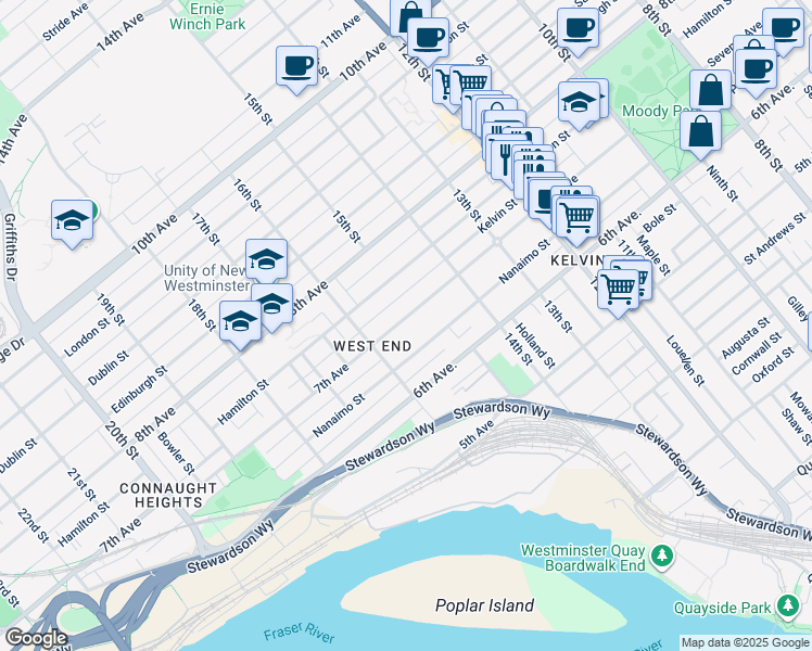 map of restaurants, bars, coffee shops, grocery stores, and more near 1512 7th Avenue in New Westminster