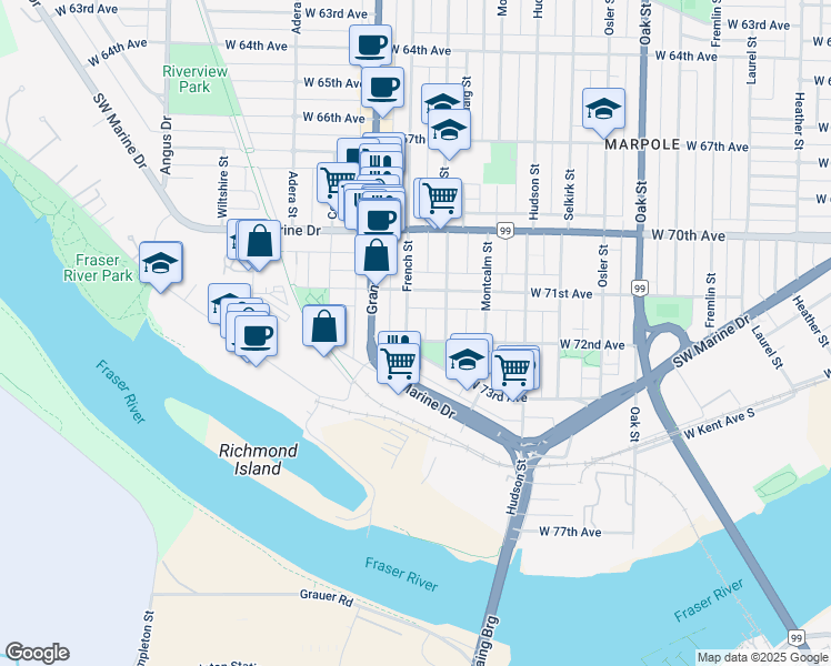 map of restaurants, bars, coffee shops, grocery stores, and more near in Vancouver