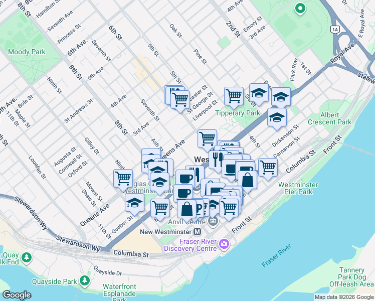 map of restaurants, bars, coffee shops, grocery stores, and more near 123 Seventh Street in New Westminster
