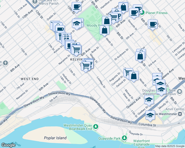 map of restaurants, bars, coffee shops, grocery stores, and more near 425 12th Street in New Westminster