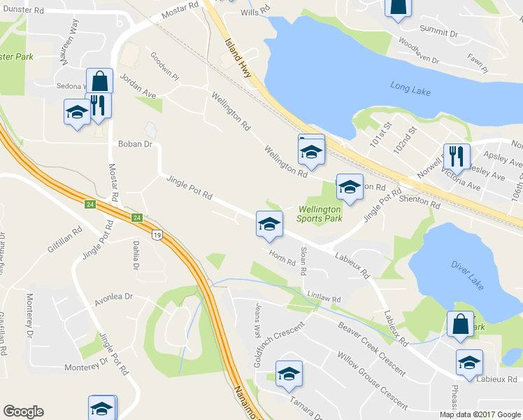map of restaurants, bars, coffee shops, grocery stores, and more near 4215 Jingle Pot Road in Nanaimo