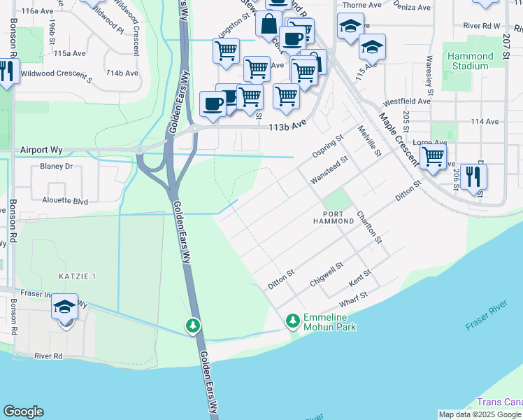 map of restaurants, bars, coffee shops, grocery stores, and more near 20147 Wanstead Street in Maple Ridge