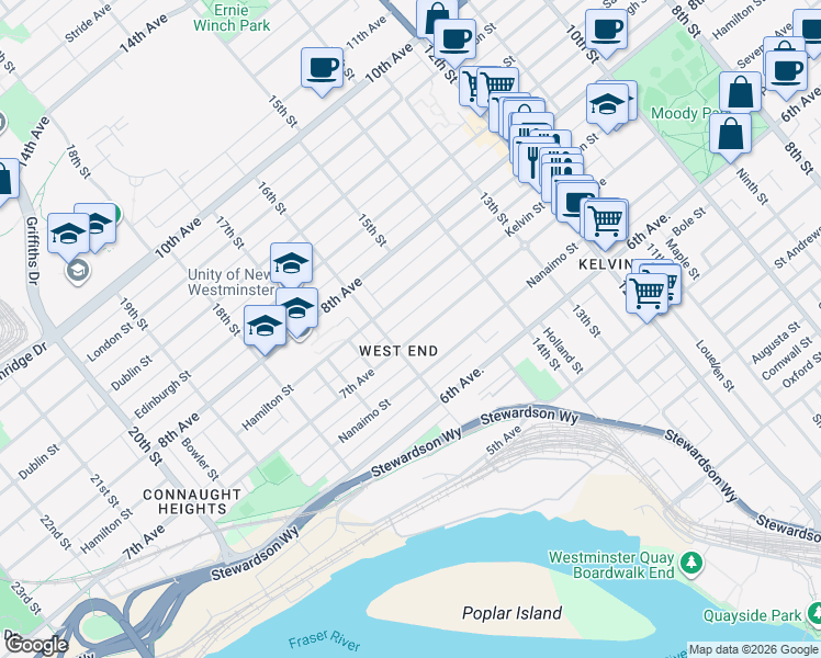 map of restaurants, bars, coffee shops, grocery stores, and more near 1523 7th Avenue in New Westminster