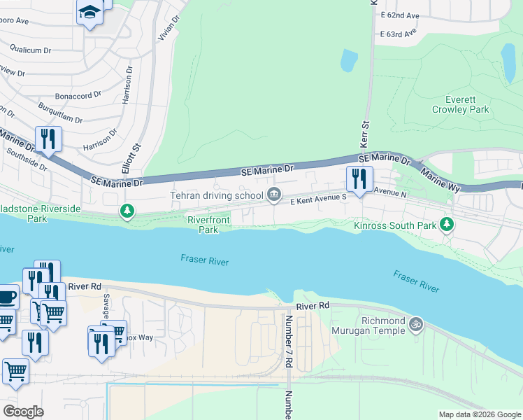 map of restaurants, bars, coffee shops, grocery stores, and more near 8507 Jellicoe Street in Vancouver