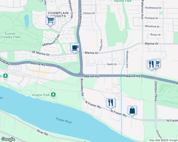 map of restaurants, bars, coffee shops, grocery stores, and more near in Burnaby