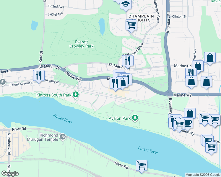 map of restaurants, bars, coffee shops, grocery stores, and more near 3456 West Sawmill Crescent in Vancouver