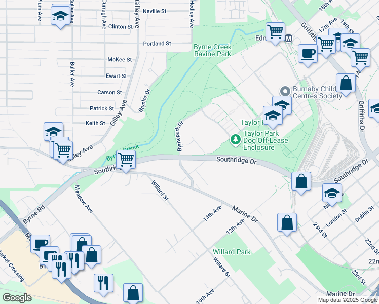 map of restaurants, bars, coffee shops, grocery stores, and more near 6438 Byrnepark Drive in Burnaby