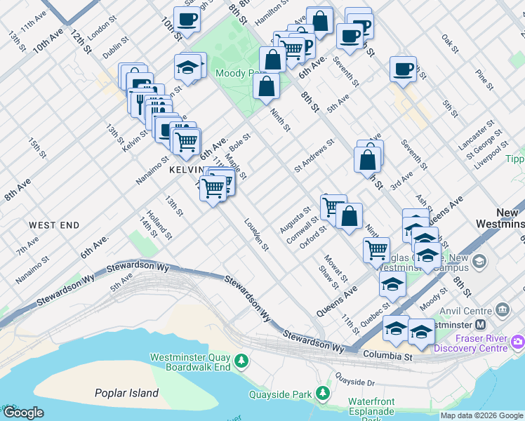 map of restaurants, bars, coffee shops, grocery stores, and more near 413 11th Street in New Westminster