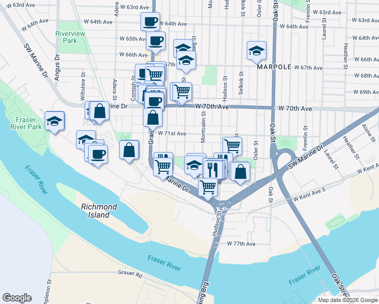 map of restaurants, bars, coffee shops, grocery stores, and more near 8790 Cartier Street in Vancouver
