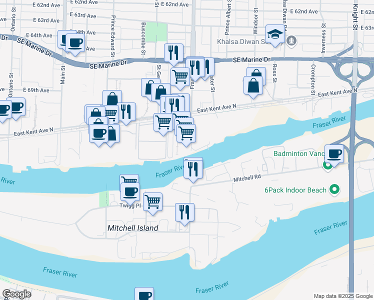 map of restaurants, bars, coffee shops, grocery stores, and more near 8599 Fraser Street in Vancouver