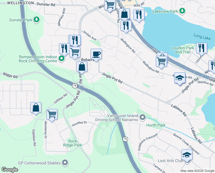 map of restaurants, bars, coffee shops, grocery stores, and more near 4126 Emerald Woods Place in Nanaimo