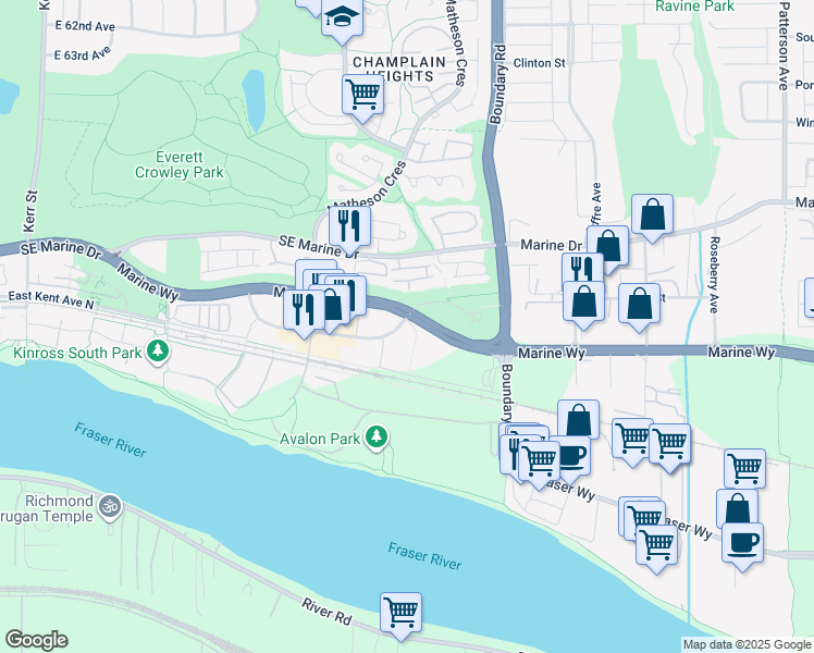 map of restaurants, bars, coffee shops, grocery stores, and more near 3588 Sawmill Crescent in Vancouver