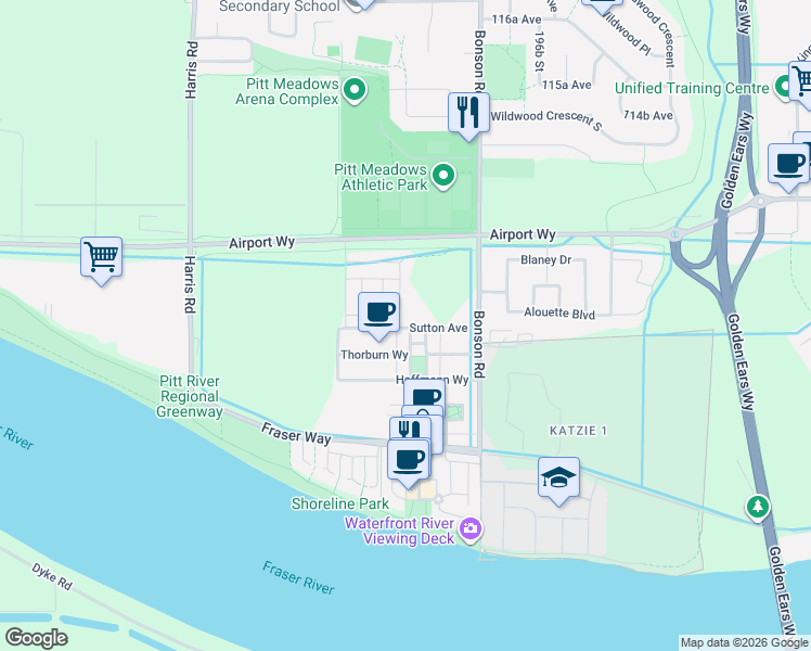 map of restaurants, bars, coffee shops, grocery stores, and more near 19451 Sutton Avenue in Pitt Meadows