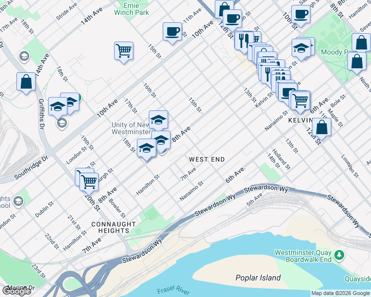map of restaurants, bars, coffee shops, grocery stores, and more near 1607 Hamilton Street in New Westminster