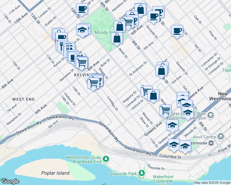 map of restaurants, bars, coffee shops, grocery stores, and more near 413 11th Street in New Westminster