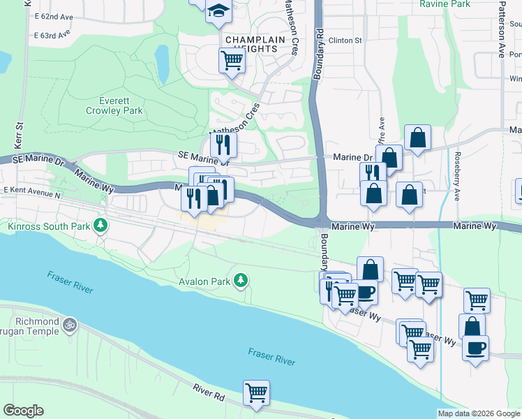 map of restaurants, bars, coffee shops, grocery stores, and more near 3588 Sawmill Crescent in Vancouver